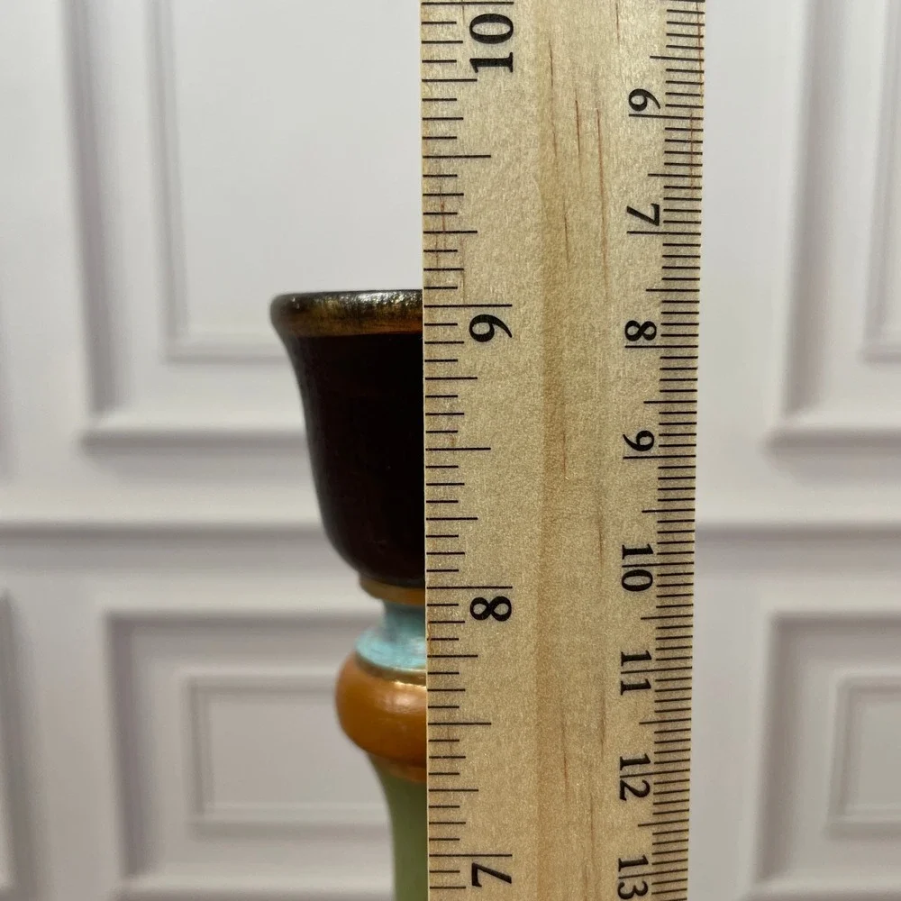Wood Candlestick Holders Gold Leaf Green Brown Blue Artisan Handcrafted Set of 2